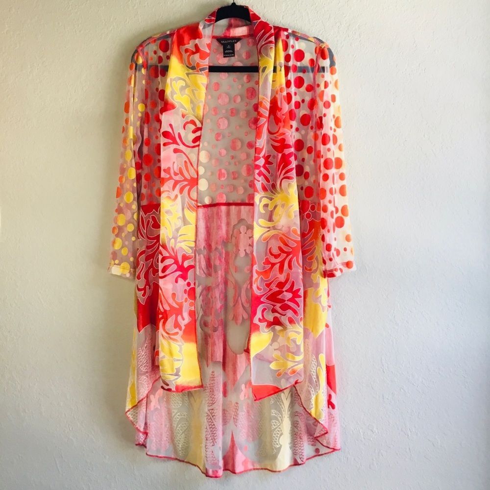 Sheer coverup with bright yellow red and orange circles coral pattern unique Sml